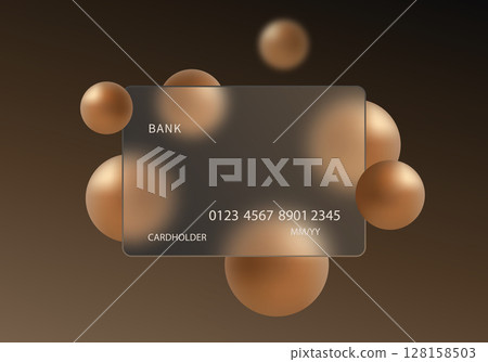 Credit card with bronze metal spheres, glass morphism style template. 128158503