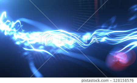 Blue glowing streams of energy bursting from a central point, with light distortions and sci-fi aesthetics 128158576