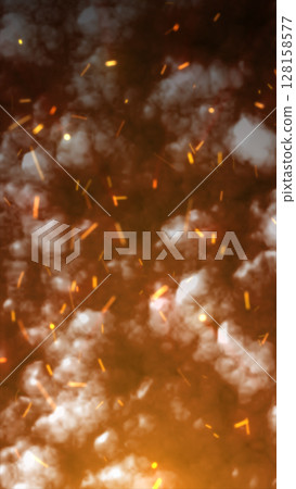 Cloud of thick smoke with glowing orange sparks flying in various directions 128158577