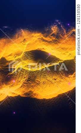 Abstract golden landscape of digital particles forming peaks and waves on a dark background, glowing and dynamic Abstract golden landscape of digital particles forming peaks and waves on a dark background, glowing and dynamic 128158580
