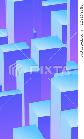 Minimalist 3D abstract cityscape made of vertical gradient blocks in blue and purple hues 128158586