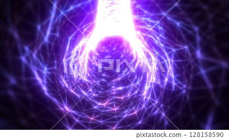 Purple glowing network tunnel with geometric lines and dynamic electric flow, abstract sci-fi background Purple glowing network tunnel with geometric lines and dynamic electric flow, abstract sci-fi background 128158590