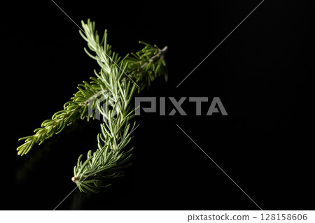 Rosemary leaves photographed against a black background Rosemary leaves photographed against a black background 128158606