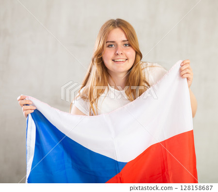 Happy girl supporting Czech on world championship Happy girl supporting Czech on world championship 128158687