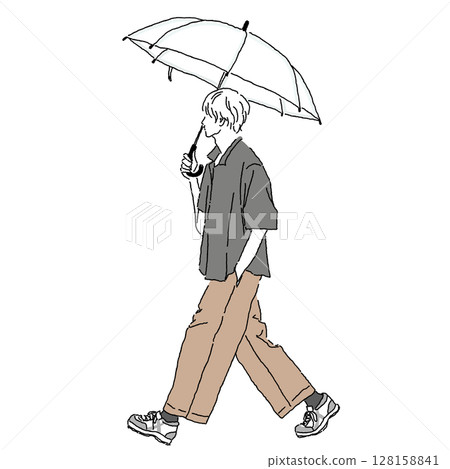 一名男子撐著傘行走的線條畫插圖 128158841