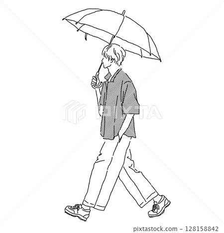 一名男子撐著傘行走的線條畫插圖 一名男子撐著傘行走的線條畫插圖 128158842