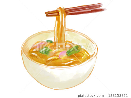 Hand-drawn watercolor illustration of hot and delicious curry udon 128158851
