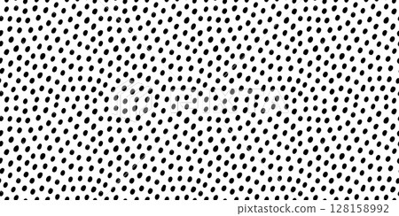 Polka dot horizontal seamless pattern in black and white. Hand drawn vector texture with rough inked dot print. Perfect for abstract wallpaper, fabric, or grunge-style wrapping paper design 128158992
