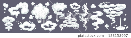 Cartoon comic smoke and puff clouds on dark background. Vector cloud, trail, and motion effect in comic style. Great for animation, motion graphics, comics, and game designs Cartoon comic smoke and puff clouds on dark background. Vector cloud, trail, and motion effect in comic style. Great for animation, motion graphics, comics, and game designs 128158997