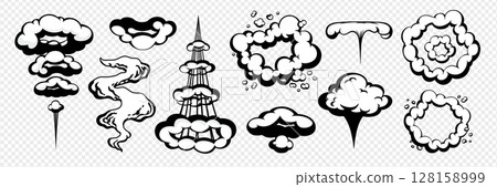 Cartoon comic cloud and motion trail set isolated on transparent background. Vector explosion elements in bold black outline. Perfect for comics, animation, games, and sticker packs Cartoon comic cloud and motion trail set isolated on transparent background. Vector explosion elements in bold black outline. Perfect for comics, animation, games, and sticker packs 128158999