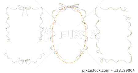 Watercolor illustration of elegant ribbon Frames in soft pastel colors. Drawing of Template for baby shower greeting cards or wedding invitations with white bows. Art for nursery designs. 128159004