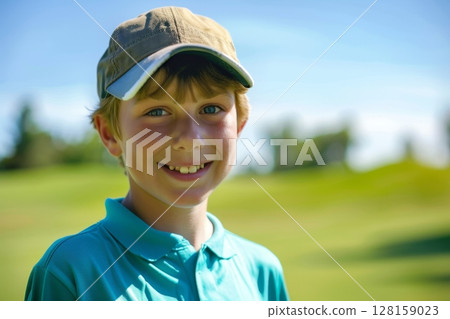 Caucasian boy at a golf training session, happily looking at the camera on a vibrant golf course, engaging in his lesson with eagerness, highlighting the fun and educational aspects of the sport for 128159023