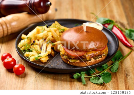 Classic Beef Burger with Juicy Patty and Brioche Bun 128159185