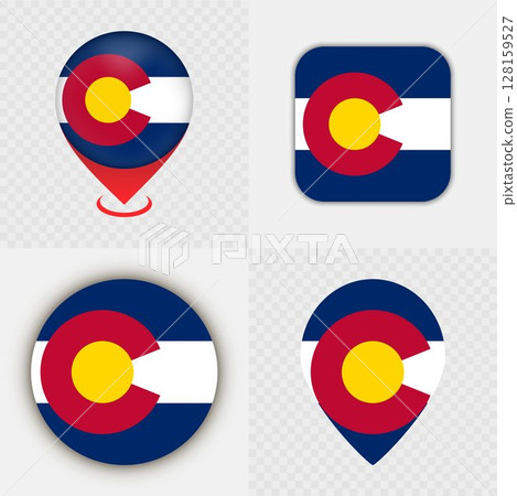 Set of Colorado State Flag Icons and Map Pins. Set of Colorado State Flag Icons and Map Pins. 128159527