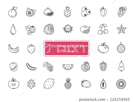 Fruits and berries, 32 cute line vector icons 128159565