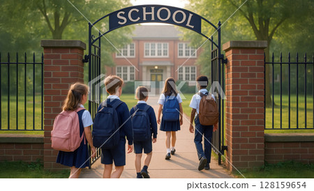 Group of young schoolchildren in uniforms with backpacks walking through school gate toward building. Beginning of new learning day. 128159654