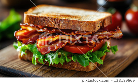 Close-up of crispy bacon, lettuce, and tomato sandwich on toasted bread served on wooden board. Fresh ingredients. Tasty classic. 128159669