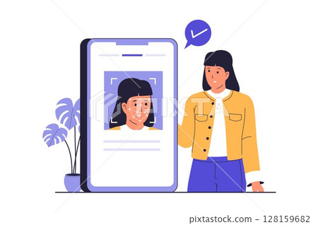 Flat Vector Illustration of Facial Recognition and Face Scanner with Mobile App 128159682