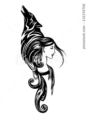tribal shaman woman with long hair and howling wolf spirit black and white vector portrait tribal shaman woman with long hair and howling wolf spirit black and white vector portrait 128159708