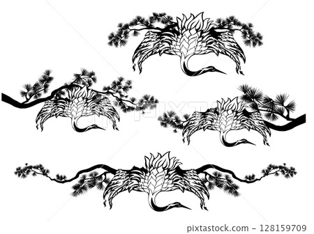 pine tree branches and japanese crane bird with spread wings black and white vector border design pine tree branches and japanese crane bird with spread wings black and white vector border design 128159709