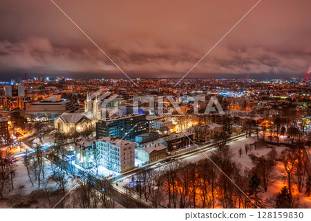 Aerial night View of Tallinn in winter, roofs are covered with snow, Christmas mood 128159830