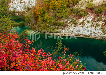 Autumn colors and lake of Plitvice National Park in Croatia, seasonal colorful background 128159835