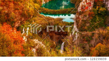 Autumn colors and waterfalls of Plitvice National Park in Croatia, seasonal colorful background Autumn colors and waterfalls of Plitvice National Park in Croatia, seasonal colorful background 128159839