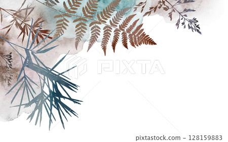 Watercolor boho autumn floral border with dried leaves in earthy tones, wedding illustration Watercolor boho autumn floral border with dried leaves in earthy tones, wedding illustration 128159883