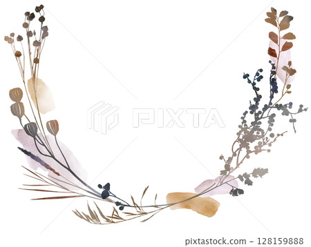 Watercolor boho autumn round floral wreath with dried leaves in earthy tones, wedding illustration Watercolor boho autumn round floral wreath with dried leaves in earthy tones, wedding illustration 128159888
