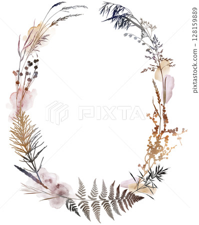 Watercolor boho autumn oval floral frame with dried leaves in earthy tones, wedding illustration Watercolor boho autumn oval floral frame with dried leaves in earthy tones, wedding illustration 128159889