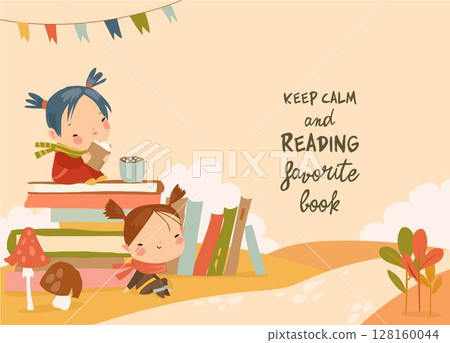 Cute Girl sitting on Stack of Book in Autumn Park 128160044