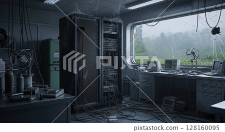 Interior of abandoned research station with old computer equipment and server rack covered in cobwebs, view of rain through broken window Interior of abandoned research station with old computer equipment and server rack covered in cobwebs, view of rain through broken window 128160095