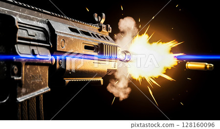 Close up of modern assault rifle firing with muzzle flash and smoke, automatic weapon shooting bullet on black background Close up of modern assault rifle firing with muzzle flash and smoke, automatic weapon shooting bullet on black background 128160096