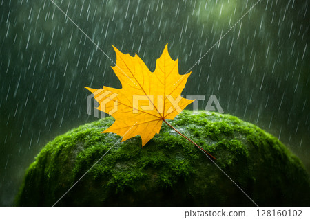 Dramatic autumn scene with single yellow maple leaf on mossy hill under heavy rain, moody fall background with vibrant color and dark atmosphere Dramatic autumn scene with single yellow maple leaf on mossy hill under heavy rain, moody fall background with vibrant color and dark atmosphere 128160102