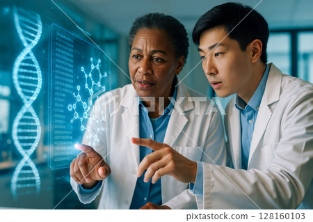Scientists using artificial intelligence for research in laboratory, team of professionals working with futuristic holographic AI data screen in lab coats Scientists using artificial intelligence for research in laboratory, team of professionals working with futuristic holographic AI data screen in lab coats 128160103