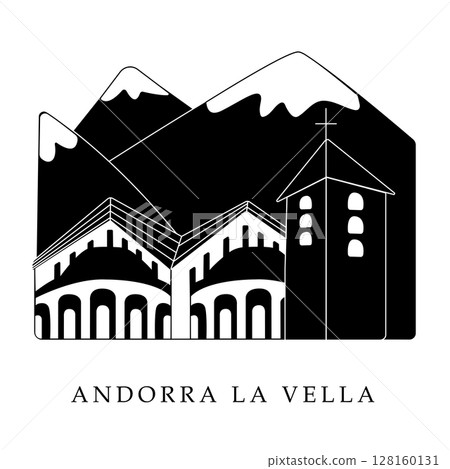 European capitals, Andorra la Vella. Black and white illustration European capitals, Andorra la Vella. Black and white illustration 128160131