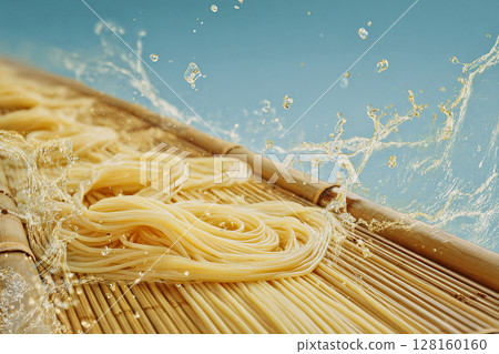 Somen noodles served on a bamboo slatted board and refreshing splashes of water Somen noodles served on a bamboo slatted board and refreshing splashes of water 128160160
