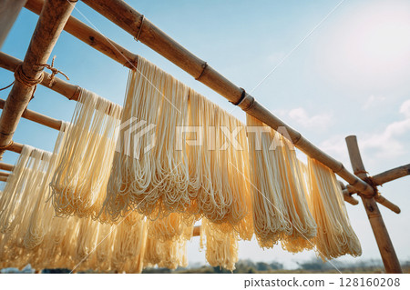在夏日的天空下，晾曬著手工拉製的素面和竹竿 128160208