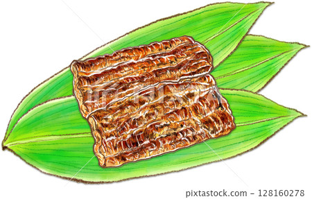 Grilled eel served on three bamboo leaves 128160278