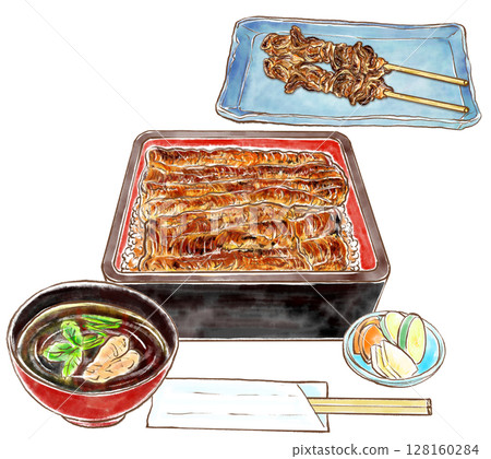 烤鰻魚肝湯、2塊烤鰻魚肝和醃菜 128160284