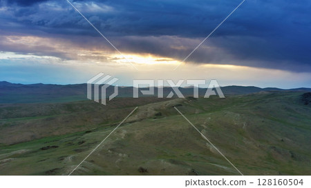 Aerial view of mountains at sunset in Mongolia 128160504