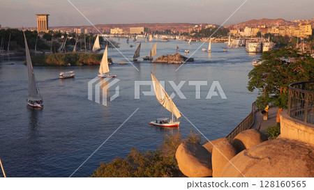 felucca boats on Nile river in Aswan Egypt felucca boats on Nile river in Aswan Egypt 128160565