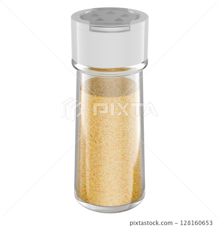 Spice jar filled with yellow dried onion or garlic seasoning. 3D rendering Spice jar filled with yellow dried onion or garlic seasoning. 3D rendering 128160653