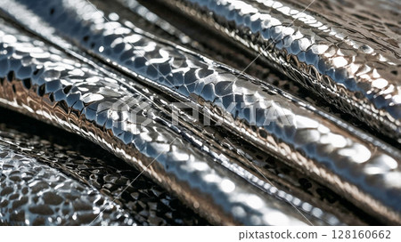 A series of silver wires with a metallic texture. The wires are arranged in a way that creates a sense of depth and dimension, with some wires appearing to be closer to the viewer 128160662