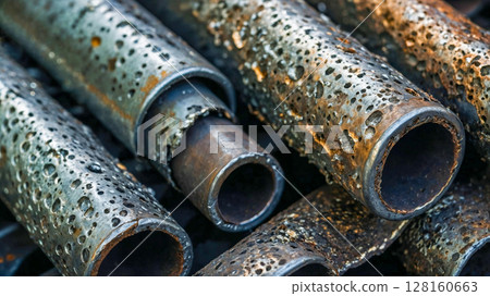 A pile of rusty pipes with holes in them. The pipes are covered in rust and have a rough texture 128160663