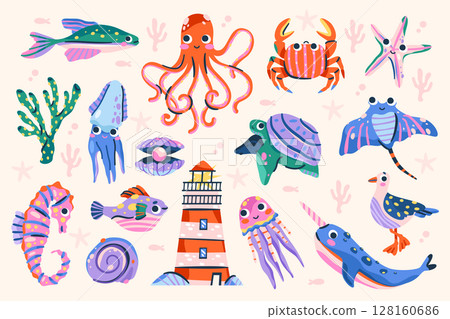 Set of sea flora or ocean fauna icon. Vector nautical and aquatic, underwater creature. Aquarium fish and octopus, lighthouse and squid, swordfish and stingray, starfish, seahorse, gull, crab. Zoology Set of sea flora or ocean fauna icon. Vector nautical and aquatic, underwater creature. Aquarium fish and octopus, lighthouse and squid, swordfish and stingray, starfish, seahorse, gull, crab. Zoology 128160686