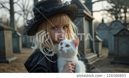 Girl holding a white cat 128160803
