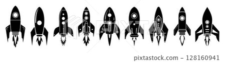 Set of Spaceships template flat and line icons on transparent background, flat design vector illustration, start-up concept 128160941