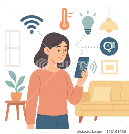 年輕女子控制智慧家居 128161086