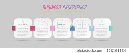 Business Infographics. 5 steps to achieve the result. Stages of development, workflow, marketing or plan. Business strategy with icons. Diagram of the report, statistics and training. Business Infographics. 5 steps to achieve the result. Stages of development, workflow, marketing or plan. Business strategy with icons. Diagram of the report, statistics and training. 128161184